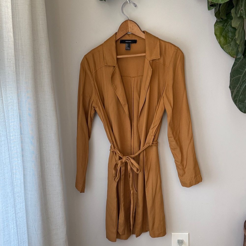 Forever 21 Mustard Yellow Longline Tie Waist Lightweight Blazer Jacket